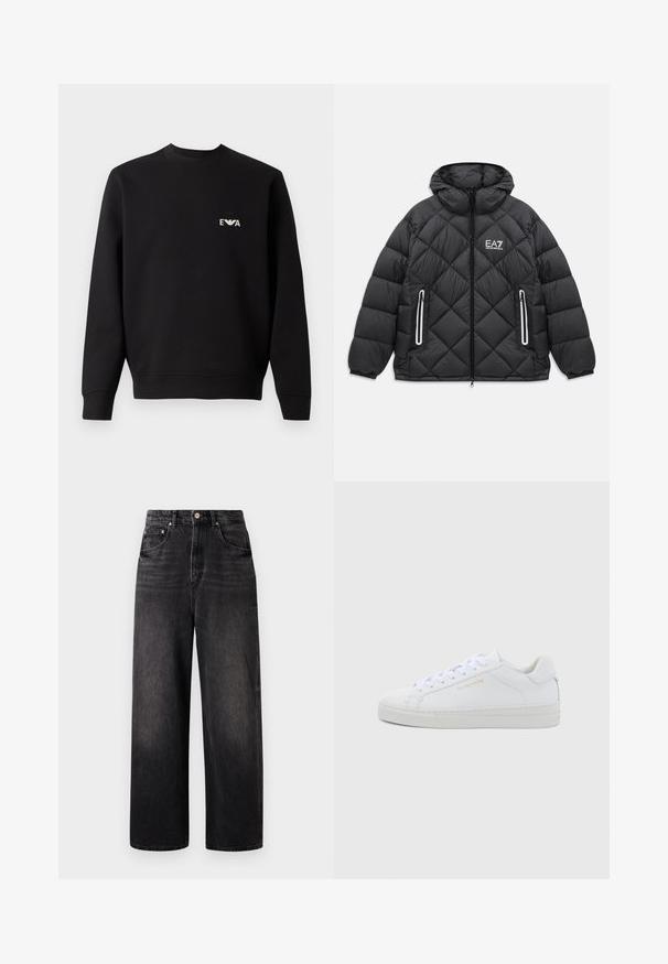 Sort quiltet jakke med hætte, frontlynlås, to lynlåslommer med reflekterende kanter, og EA7 Emporio Armani logo på brystet.; Sort sweatshirt med rund hals, lange ærmer og ribbede manchetter. Har et lille hvidt broderet logo på brystet. Stoffet er en blanding af bomuld.; Sorte denim jeans med løstsiddende pasform, høj talje, fem lommer og synlig knaplukning. Har diskret falmning og lige ben design.; Hvide sneakers i lav model og læder med rund snude, flade snørebånd, tekstureret sål og diskret guldfarvet logo på siden. Glat overflade og minimalistisk design.