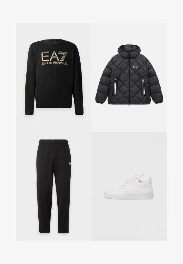 Schwarze gesteppte Jacke mit Kapuze, frontaler Reißverschluss, zwei mit Reißverschluss gesicherte Taschen mit reflektierenden Streifen und EA7 Emporio Armani Logo auf der Brust.; Schwarzer Pullover mit Rundhalsausschnitt, mit goldenem EA7 Emporio Armani-Logo auf der Brust. Weicher Stoff mit gerippten Bündchen und Saum.; Schwarze elastische Jogginghose mit zulaufenden Beinen und einem kleinen weißen Logo am oberen linken Oberschenkel.; Weißer Ledersneaker mit abgerundetem Zehenbereich, flacher Sohle und Schnürverschluss. Verfügt über Nahtdetails und einen gepolsterten Kragen für zusätzlichen Komfort.