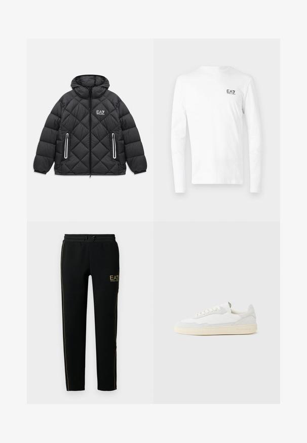 Schwarze gesteppte Jacke mit Kapuze, frontaler Reißverschluss, zwei mit Reißverschluss gesicherte Taschen mit reflektierenden Streifen und EA7 Emporio Armani Logo auf der Brust.; Weißes Langarm-T-Shirt aus Baumwolle mit kleinem schwarzem EA7-Logo auf der linken Brust. Einfaches Design mit Rundhalsausschnitt.; Schwarze Jogginghosen mit schmalem Schnitt, elastischem Bund mit Kordelzug und goldenen Akzentstreifen an den Seiten sowie einem Logo.; Weißer Sneaker mit strukturiertem Obermaterial aus Wildleder und Leder. Verfügt über eine runde Zehenpartie, Schnürverschluss und eine kontrastierende beige Gummisohle.