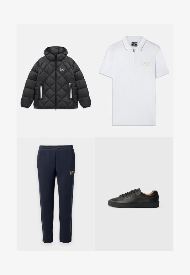 Čierna prešívaná bunda s kapucňou, predným zipsom, dvoma zipsovými vreckami s reflexnými detailmi a logom EA7 Emporio Armani na hrudi.; Biela polo košeľa s predným zipsom, krátkym rukávom a oranžovým akcentovým prešívaním. Na ľavej hrudi sa nachádza vyšité logo EA7 v žltej farbe.; Námornícke tepláky vyrobené z mäkkého materiálu majú sťahovaciu šnúrku v páse, zlaté akcenty a bočné pruhy, navrhnuté pre pohodlie a univerzálnosť.; Čierne nízke kožené tenisky s textúrovaným povrchom, čiernymi šnúrkami a hrubou gumenou podrážkou, zobrazené z boku na svetlom pozadí.