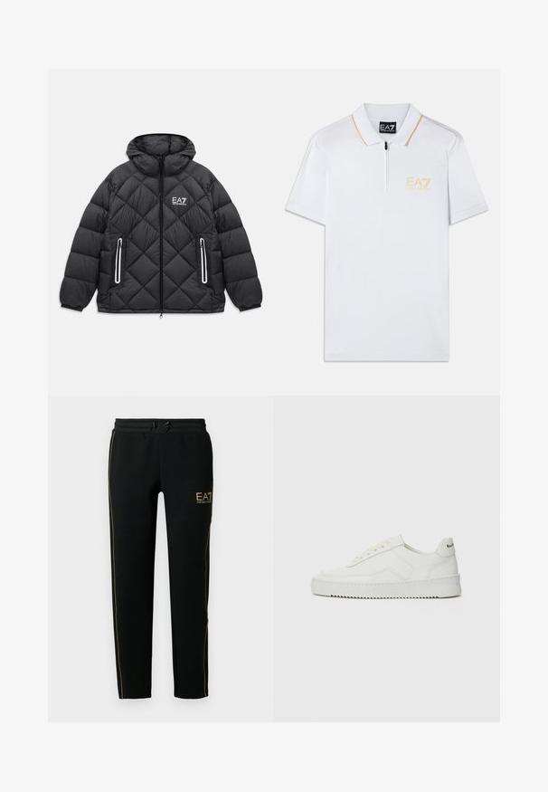 Sort quiltet jakke med hætte, frontlynlås, to lynlåslommer med reflekterende kanter, og EA7 Emporio Armani logo på brystet.; Hvid polo skjorte med lynlås krave, korte ærmer og orange kontrastsyning. Har broderet EA7 logo i gul på venstre bryst.; Sorte joggingbukser har et tapered design, elastisk talje med snor og gyldne accentstriber langs siderne og logoet.; Hvide lædersneakers med en glat overflade, rund tå, flade snørebånd og en tekstureret sål. Har et diskret logo på hælen.