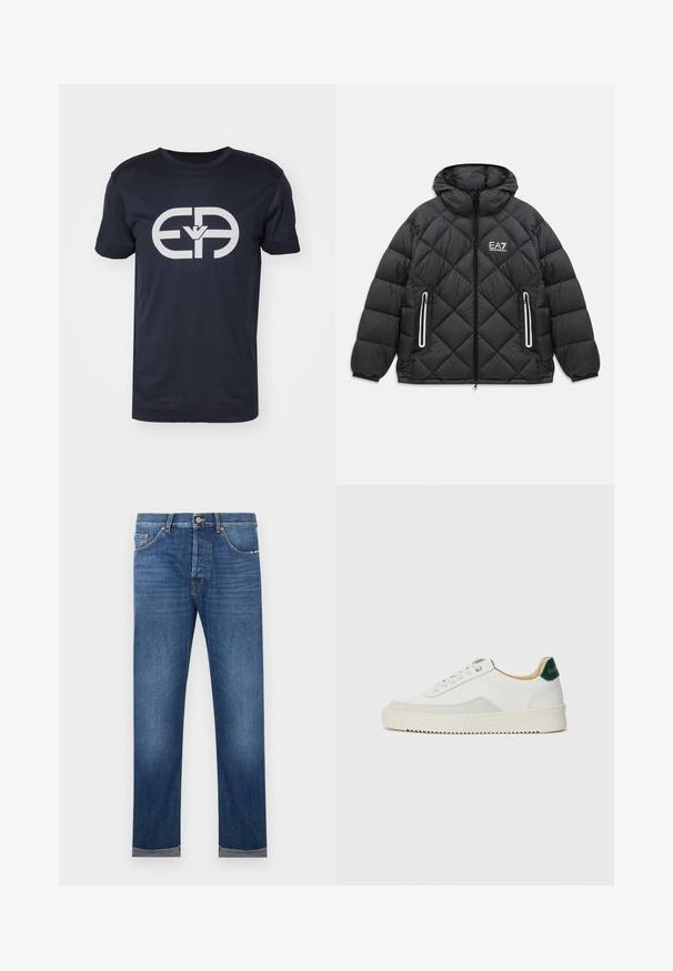 Mustmust nahkjakker, millel on kapuuts, ees luku, kaks lukuga taskut peegeldavate äärtega ja EA7 Emporio Armani logo rinnal.; Tumesinine puuvillane t-särk, lühikesed varrukad, ümar kaelus. Esiküljel on suur valge logo, lame alläär ja tavaline lõige.; Meeste sirgelõikelised sinised teksapüksid, millel on nupuga sulgur, viiepunktiline disain ja ümardatud sääred valgel taustal.; Valged tennisjalanõud, millel on sametised aktsendid, ümar varvas, lame nöörid ja kreemjas kummine põhja. Hästi nähtav roheline bränding kannal.