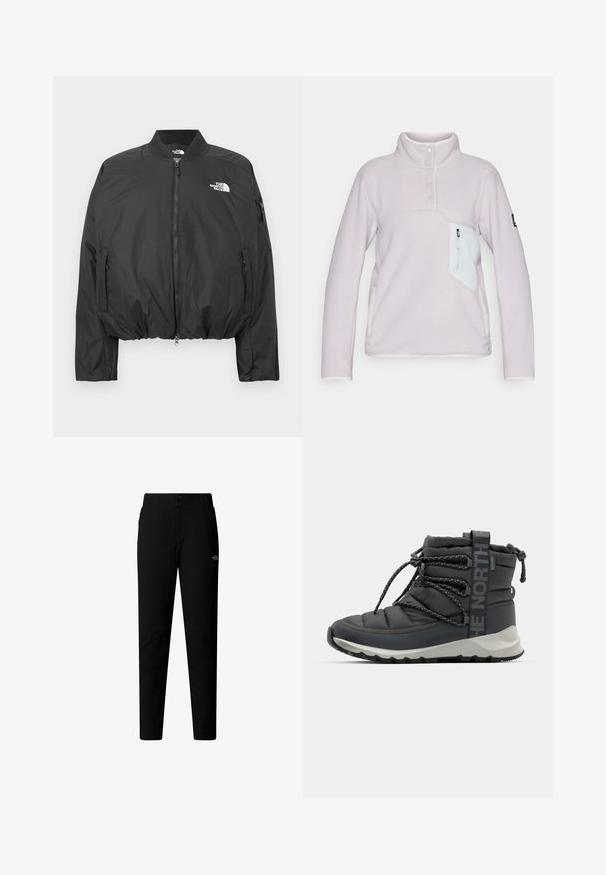 Veste bomber noire avec fermeture éclair, col côtelé et ourlet élastiqué. Logo sur la poitrine et poches latérales zippées. Matière lisse et légère.; Pull en polaire violet clair avec un col haut, trois boutons à l'avant et une poche poitrine zippée blanche. Présente des finitions blanches contrastantes.; The North Face W QUEST SOFTSHELL PANTS - Pantalon classique - tnf black; Bottines rembourrées en gris foncé avec une finition texturée, dotées d'un système de laçage et du logo "THE NORTH FACE" sur le côté. Semelle en caoutchouc avec adhérence.