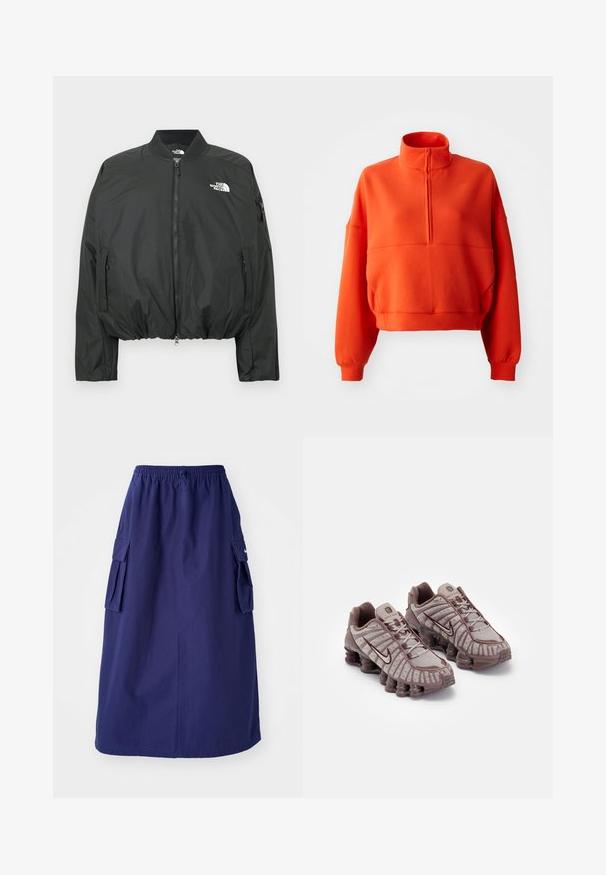 Schwarze Bomberjacke mit Reißverschluss, geripptem Kragen und elastischem Saum. Mit Logo auf der Brust und seitlichen Reißverschlusstaschen. Glattes, leichtes Material.; Helle orange, cropped Sweatshirt mit Stehkragen und halbem Reißverschluss, ausgestattet mit weiten Ärmeln und einem strukturierten Stoff für mehr Komfort.; Marineblaue, knielange Rock mit elastischem Bund, der über zwei seitliche Cargotaschen und ein minimales Logodesign verfügt. Glatte Stoffoberfläche.; Nike Sportswear SHOX TL - Sneaker low - pumice/night maroon/plum eclipse