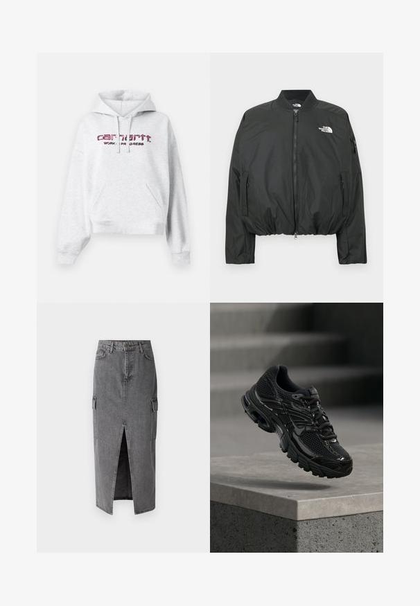 Zwarte bomberjack met ritssluiting, geribbelde kraag en elastische zoom. Voorzien van een logo op de borst en zijzakken met rits. Glad, lichtgewicht materiaal.; Grijze hoodie van fleece stof, met een kangoeroezak, een trekkoordkap en een roze geborduurd "carhartt" logo met "WORK IN PROGRESS."; Grijze denim midi rok met een rechte silhouet, twee zijzakken en een voorklepsplit voor gemakkelijke beweging. Klassieke denim textuur.; Zwarte Nike hardloopschoen met mesh en synthetische bovenkant die boven een betonnen oppervlak en trappen op de achtergrond zweeft.