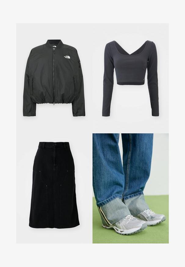 Čierna bomber bunda so zapínaním na zips, rebrovaným golierom a elastickým lemom. Obsahuje logo na hrudi a bočné vrecká na zips. Hladký, ľahký materiál.; Dlhý rukáv, skrátený top v tmavohnedej rebrovanej tkanine. Má hlboký V-výstrih a jednoliatu farbu s malým logom na okraji.; Čierna denim sukňa s rovnými líniami, prednými vreckami a zapínaním na gombík v páse. Obsahuje viditeľné švy a textúrovanú tkaninu.; Šedé športové topánky z priedušného materiálu s bielymi akcentmi, v kombinácii s modrými rifľovými nohavicami, ktoré sú na členkoch ohnuté.