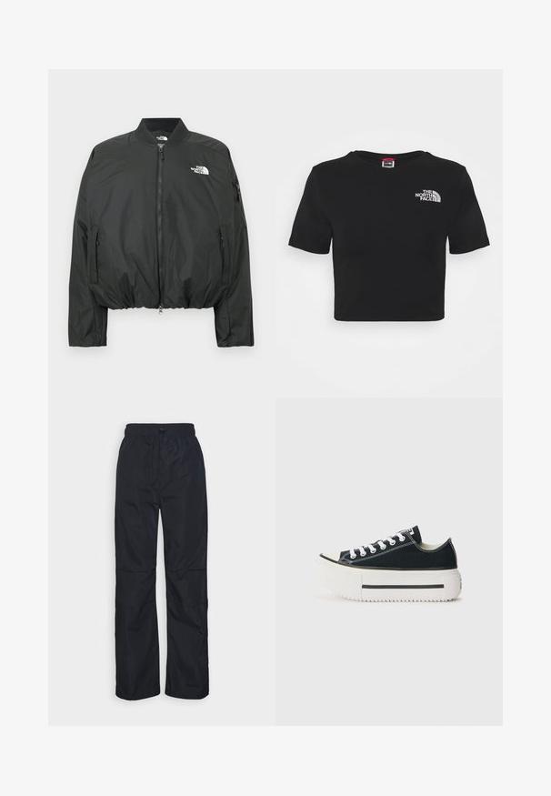 Čierna bomber bunda so zapínaním na zips, rebrovaným golierom a elastickým lemom. Obsahuje logo na hrudi a bočné vrecká na zips. Hladký, ľahký materiál.; Čierne skrátené tričko z bavlny s okrúhlym výstrihom a krátkymi rukávmi. Logo značky je vyšívané v bielej farbe na hrudi.; Even&Odd Nohavice - dark blue; Čierne plátenné tenisky s bielou gumovou podrážkou, s hrubou platformou, bielymi šnúrkami a kontrastným prešívaním pozdĺž švov.