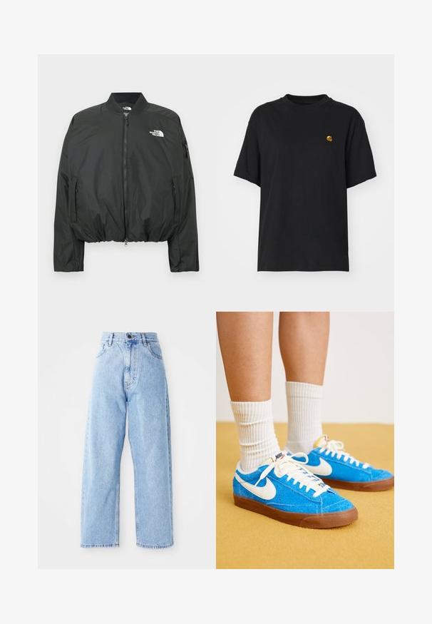 Čierna bomber bunda so zapínaním na zips, rebrovaným golierom a elastickým lemom. Obsahuje logo na hrudi a bočné vrecká na zips. Hladký, ľahký materiál.; Čierne bavlnené tričko s voľným strihom. Má okrúhly výstrih a krátke rukávy. Obsahuje malé zlaté vyšívané logo na hrudi.; Džínsy s vysokým pásom svetlo modrej farby, rovné široké nohavice, predný gombík, zips a predné aj zadné vrecká.; Modré semišové tenisky Nike s bielymi akcentmi, plochými šnúrkami a hnedými gumovými podrážkami, doplnené o rebrové biele ponožky.