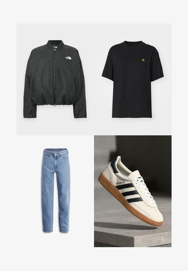 Sort bomberjakke med lynlås, ribbet krave og elastisk kant. Med logo på brystet og sidelommer med lynlås. Glat, let materiale.; Sort bomulds T-shirt med en afslappet pasform. Har en rund halsudskæring og korte ærmer. Inkluderer et lille guld broderet logo på brystet.; Lys blå jeans lavet af denim, med en afslappet pasform, lige ben, fem-lomme design og flagrende kanter for et uformelt look.; Hvide ruskinds sneakers med marineblå striber, gummisål, struktureret overdel, rund tå og snøring; har branding på siden og tungen.