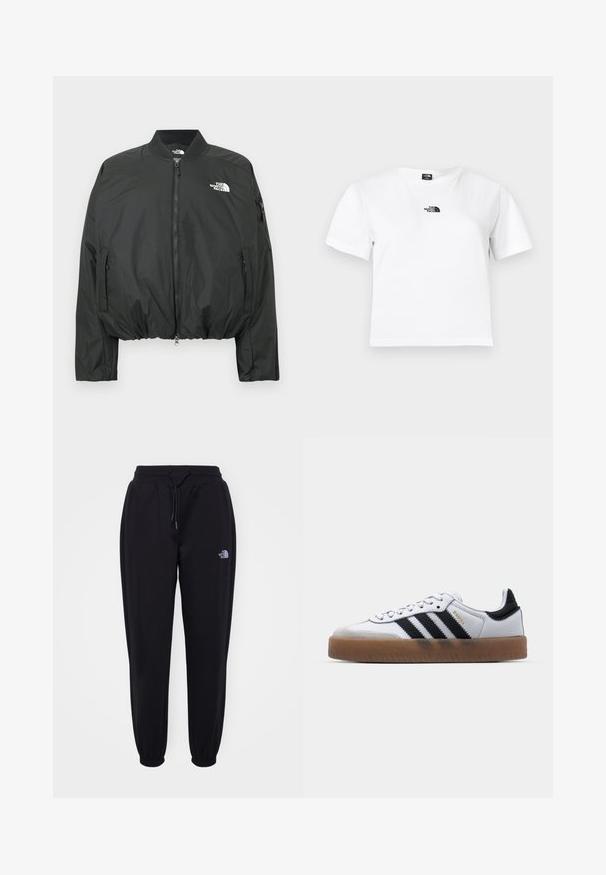 Sort bomberjakke med lynlås, ribbet krave og elastisk kant. Med logo på brystet og sidelommer med lynlås. Glat, let materiale.; Hvid bomulds t-shirt med korte ærmer, rund hals og et sort The North Face-logo på brystet. Enkel, udekoreret design.; Sorte joggingbukser med elastisk talje og manchetter, snoretræk, sidelommer og lille hvid The North Face-logo på højre lår.; Hvide lædersneakers med sorte striber, gummirubber sål, rund tå, snørelukning og blød grå ruskinds tåhætte.