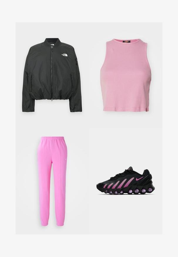Chaqueta bomber negra con cierre de cremallera, cuello acanalado y dobladillo elástico. Presenta un logo en el pecho y bolsillos laterales con cremallera. Material liso y ligero.; Top corto de canalé rosa con cuello redondo y diseño sin mangas. Presenta un dobladillo que termina justo por encima de la cintura.; Pantalones de chándal rosas de Nike con una cinturilla elástica y puños, que cuentan con un pequeño logo blanco en el lado izquierdo. Tejido suave y diseño ajustado.; Zapatillas Nike negras y rosas con parte superior de malla, diseño curvado y amortiguación morada redondeada en la suela y los laterales.