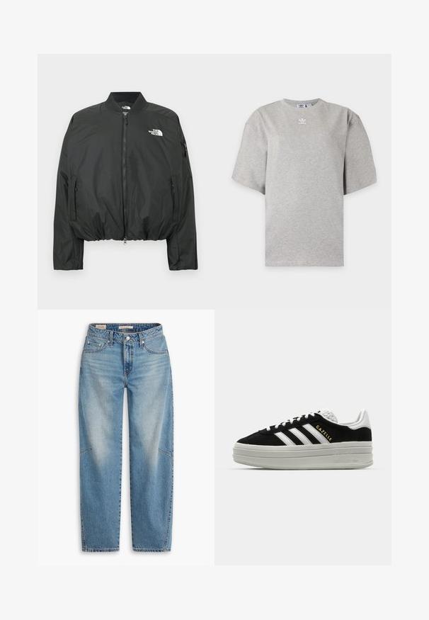 Chaqueta bomber negra con cierre de cremallera, cuello acanalado y dobladillo elástico. Presenta un logo en el pecho y bolsillos laterales con cremallera. Material liso y ligero.; Camiseta Adidas de manga corta color gris claro con cuello redondo y pequeño logo blanco de Adidas en el pecho, mostrada sobre un fondo liso.; Jeans de mezclilla azul claro con un ajuste holgado, diseño de pierna recta, bragueta de botones y estilo de cinco bolsillos, con sutiles detalles de desteñido y costuras.; Zapatillas negras de ante con detalles en cuero blanco, tres rayas blancas, cordones planos y una gruesa suela de plataforma gris. Marca "Gazelle" en dorado.