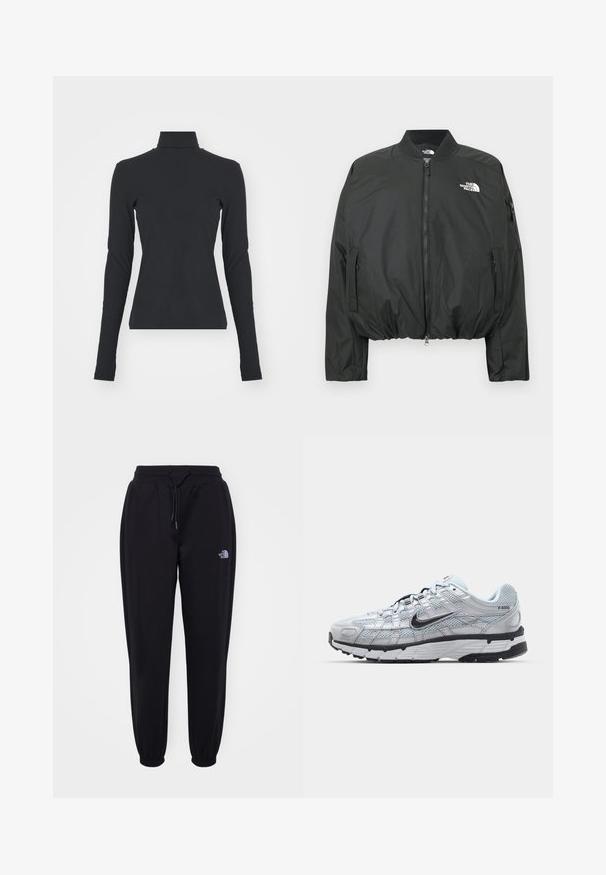 Sort bomberjakke med lynlås, ribbet krave og elastisk kant. Med logo på brystet og sidelommer med lynlås. Glat, let materiale.; Sort ribbet turtle neck bluse med lange ærmer, tætsiddende pasform, glat tekstur og subtil stræk, designet til komfort og lagdeling.; Sorte joggingbukser med elastisk talje og manchetter, snoretræk, sidelommer og lille hvid The North Face-logo på højre lår.; Nike P-6000 sneakers med en lys grå mesh overdel, sorte accenter og en holdbar sort gummisål. Har et detaljeret design og snøresystem.