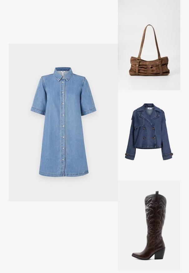 Mørkeblå denim dobbeltradet kort jakke med brede revers, knappede skulderdetaljer og knappede manchetter.; Denim skjortekjole, lyseblå, kortærmet, krave, knaplukning foran, knælang, syning detaljer på ærmerne, afslappet pasform.; Høj mørkebrun læder cowboystøvle med syede dekorative mønstre, spids tå og stablet blokhæle.; Even&Odd by Zalando Håndtasker - brown