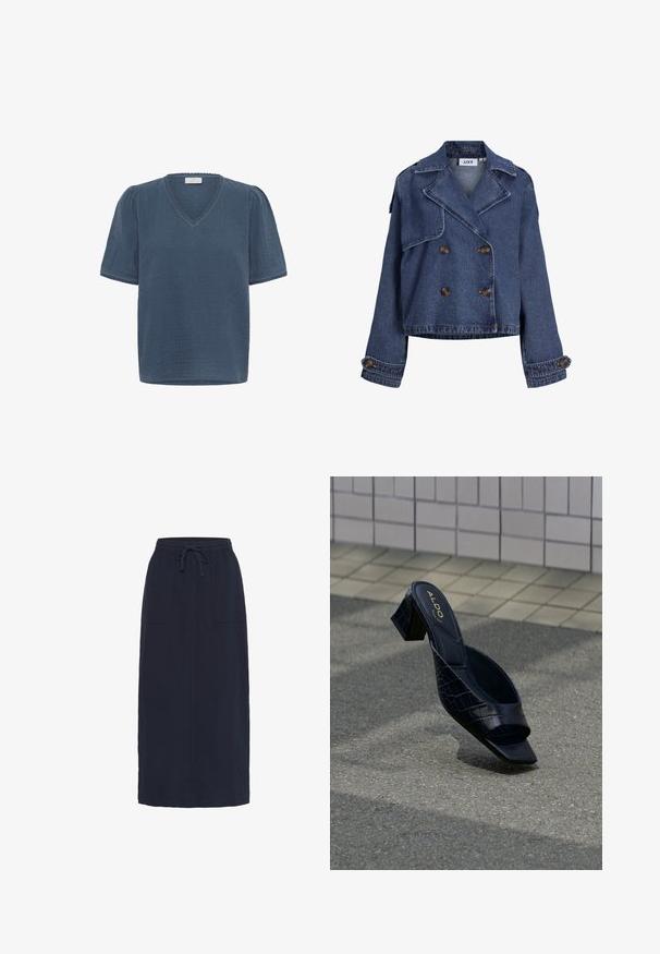 Donkerblauwe denim cropped double-breasted jas met brede revers, geknoopte schouderaccenten en geknoopte manchetten.; Kaffe KAMAI - T-shirt print - ensign blue; Navyblauwe, knielange rok met twee steekzakken aan de voorkant en een elastische tailleband met trekkoord.; Zwarte mule-sandaal met krokodillenpatroon, vierkante neus en blokhak, rustend op een gestructureerde ondergrond nabij een betegelde muur.