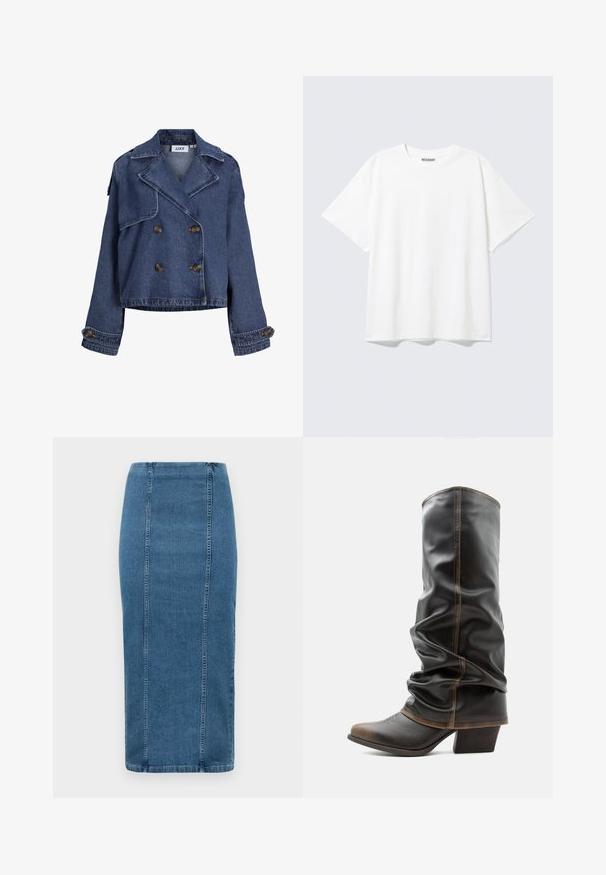 Dunkelblaue, kurz geschnittene Jeansjacke mit doppelreihiger Knopfleiste, breiten Revers, geknöpften Schulterakzenten und geknöpften Manschetten.; Weißes T-Shirt mit kurzen Ärmeln, Rundhalsausschnitt und entspanntem Schnitt mit einem "WEEKDAY" Etikett an der Innenseite des hinteren Halsbereichs.; Blaue Denim-Bleistiftrock mit vertikalen Nähten und hohem Taillenbund, der unter das Knie fällt, auf einem weißen Hintergrund präsentiert.; Hoher schwarzer Lederstiefel mit braunen Akzenten, spitzer Zehenform und gestapeltem Absatz vor schlichtem weißem Hintergrund.