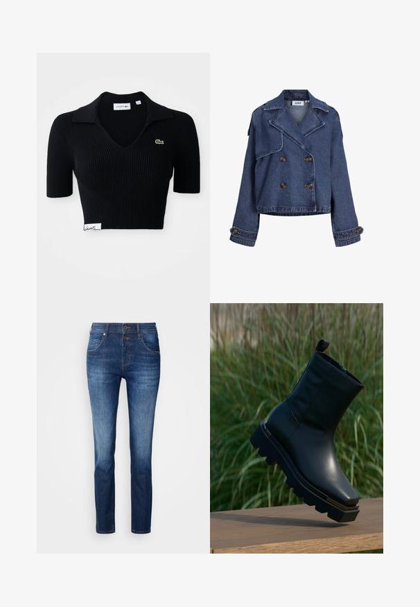 Mørkeblå denim dobbeltradet kort jakke med brede revers, knappede skulderdetaljer og knappede manchetter.; Sort croppet polo skjorte lavet af ribbet stof med V-hals, korte ærmer og et grønt broderet logo på venstre bryst. Hvidt mærke i kanten.; Mørkeblå denimjeans med lige pasform, featuring lynlås, to forlommer og subtile falmede områder. Blød tekstur med minimal slid.; Sorte ankelstøvler lavet af glat læder med en chunky sål, spids tå og en guldfarvet detalje på hælen. Simpelt design med minimal syning.