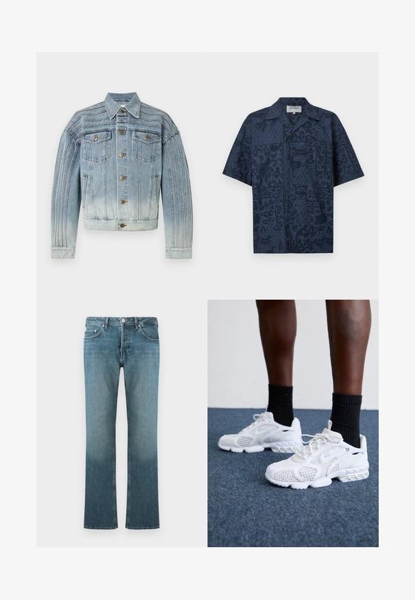 Veste en jean bleu clair avec des détails de coutures verticales, fermeture boutonnée à l'avant, deux poches poitrine à rabat avec boutons et deux poches latérales.; Chemise à manches courtes boutonnée en bleu foncé avec un motif patchwork floral et abstrait ainsi qu'une poche poitrine avant.; Jean en denim bleu à taille haute, style à cinq poches, jambes droites avec un léger effet délavé des cuisses aux ourlets.; Baskets de sport blanches avec dessus en maille, accents texturés et semelle rembourrée. Associées à des chaussettes côtelées noires sur une surface en moquette bleue.