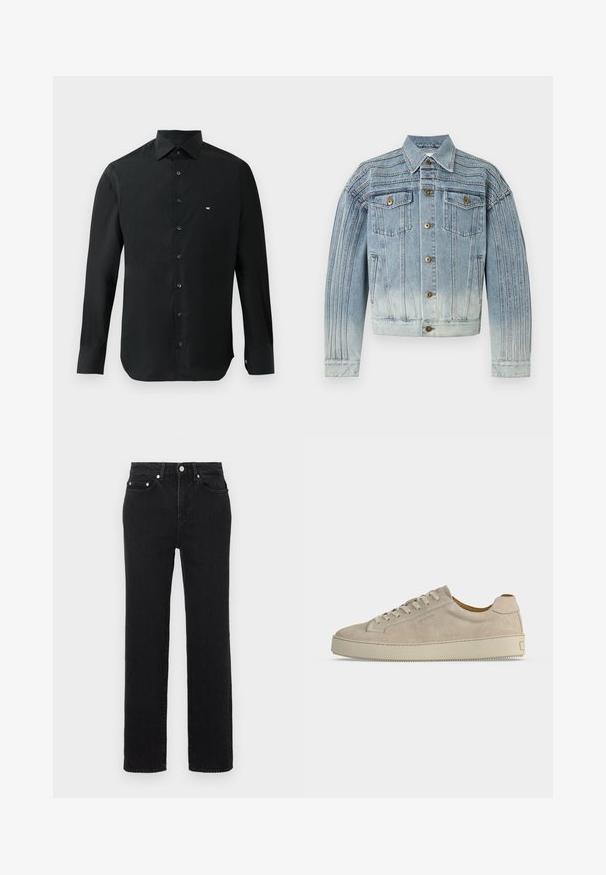 Chaqueta de mezclilla azul claro con detalles de costuras verticales, cierre frontal con botones, dos bolsillos en el pecho con solapas y botones, y dos bolsillos laterales.; Camisa negra de manga larga hecha de tela suave, con cuello puntiagudo, botonera y un pequeño logo blanco en el lado izquierdo del pecho.; Pantalones vaqueros negros de talle alto y corte recto, con bolsillos delanteros y traseros, cierre de botón plateado y trabillas para cinturón sobre un fondo blanco.; Zapatilla beige de ante de tacón bajo con cierre de cordones y suela gruesa de goma, mostrada de lado sobre un fondo blanco liso.
