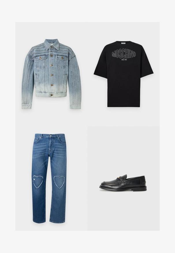 Lyseblå denimjakke med vertikal sømdetalje, knaplukning foran, to brystlommer med klapper og knapper og to sidelommer.; Sort bomulds-T-shirt med en stor, hvid kontureret "MOSCHINO"-logo, med teksten "SINCE 1983" nedenunder, korte ærmer og en afslappet pasform.; Blå denimjeans med høj talje, lige ben og frynsete hjerteformede udskæringer på begge knæ.; Sorte læder loafers har en afrundet tå, syede detaljer og en lille gylden accent foran. Sålen er flad og diskret.