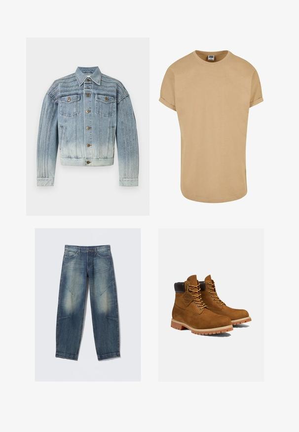 Lyseblå denimjakke med vertikal sømdetalje, knaplukning foran, to brystlommer med klapper og knapper og to sidelommer.; Beige T-shirt med korte ærmer lavet af blød bomuld, med rund hals og rullede ærmer, lige snit med en glat tekstur.; Lyseblå denimjeans med løs pasform, med falmede pletter, frontlommer og diagonale sømdetaljer. Design med lige ben.; Brune ruskinds ankelstøvler med en polstret sort krave, gyldne snørehuller og en tyk gummisål med en mønster, der giver godt greb.