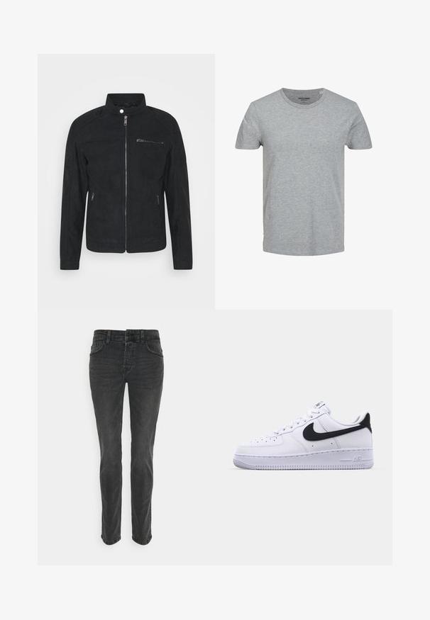 Zwarte suède jas met een staande kraag, een ritssluiting aan de voorkant en twee zijzakken. Glad materiaal met een minimalistisch ontwerp en zonder zichtbare patronen.; Grijze T-shirt met korte mouwen, gemaakt van zachte katoen. Kenmerkt zich door een klassieke ronde halslijn en een reguliere pasvorm. Eenvoudig ontwerp zonder patronen of accenten.; Zwarte denim jeans met een rechte pijp, vijf zakken en subtiele stiksels op de naden. De stof heeft een gladde, licht gestructureerde afwerking.; Witte leren sneaker met een gestructureerde zwarte Swoosh, platte veters en een rubberen zool met een geribbeld patroon. "AIR" is in de hak geperst.