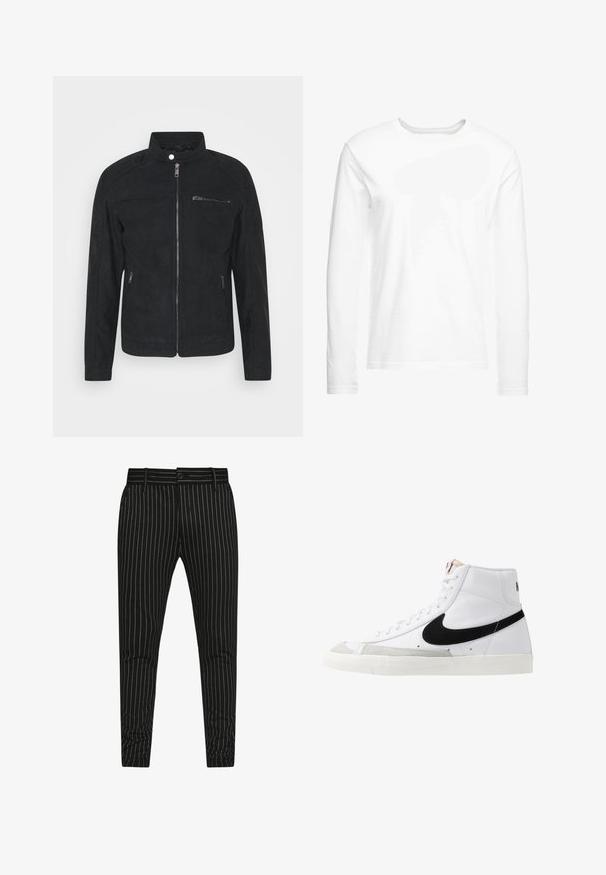 Zwarte suède jas met een staande kraag, een ritssluiting aan de voorkant en twee zijzakken. Glad materiaal met een minimalistisch ontwerp en zonder zichtbare patronen.; Langsleeve witte t-shirt gemaakt van zachte katoen. Ronde halslijn met rechte zoom en geen zichtbare patronen of graphics.; Zwart gestreepte broeken met verticale witte strepen, een slim fit ontwerp en een knoopsluiting met riemlussen voor aanpasbare maat.; Witte hoge sneakers met een zwarte swoosh, textuur grijze neus en een vlakke witte zool. Kenmerkt zes veteropeningen en gestikte accenten.