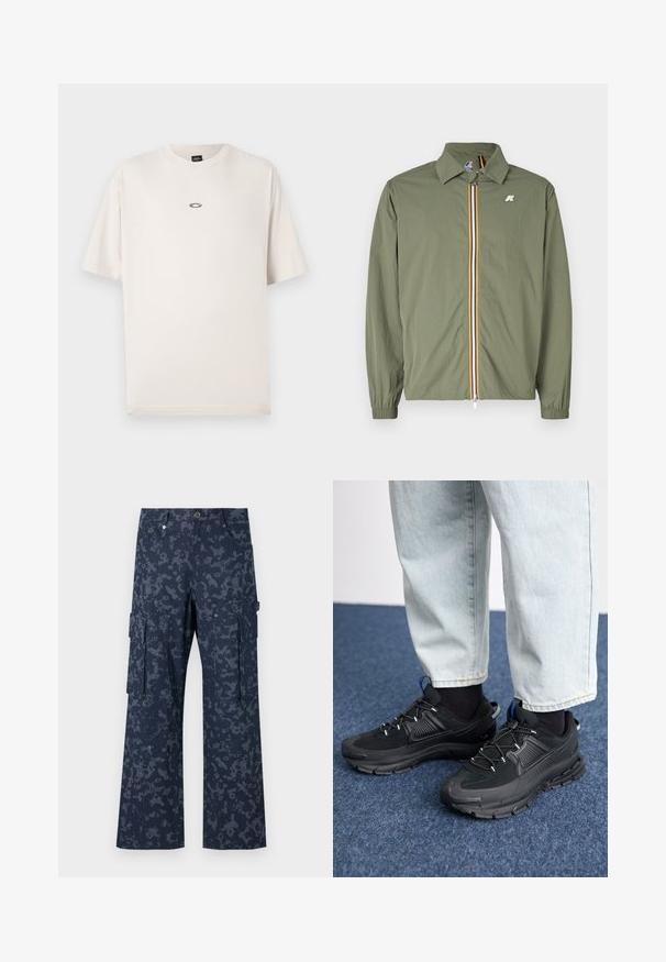 Oliven grøn letvægtsjakke, frontlynlås med multikolorede striber, spidse krave, elastiske manchetter og lille logo på brystet.; Oakley RISE TEE - T-shirts basic - mist; Sean John SCRIPT LOGO CAMOUFLAGE - Cargobukser - blue; Sorte træningssko med tekstureret stof og gummisåler, udstyret med elastiske snørebånd og en blå detalje på hælen. Bæres med lyse denimbukser.