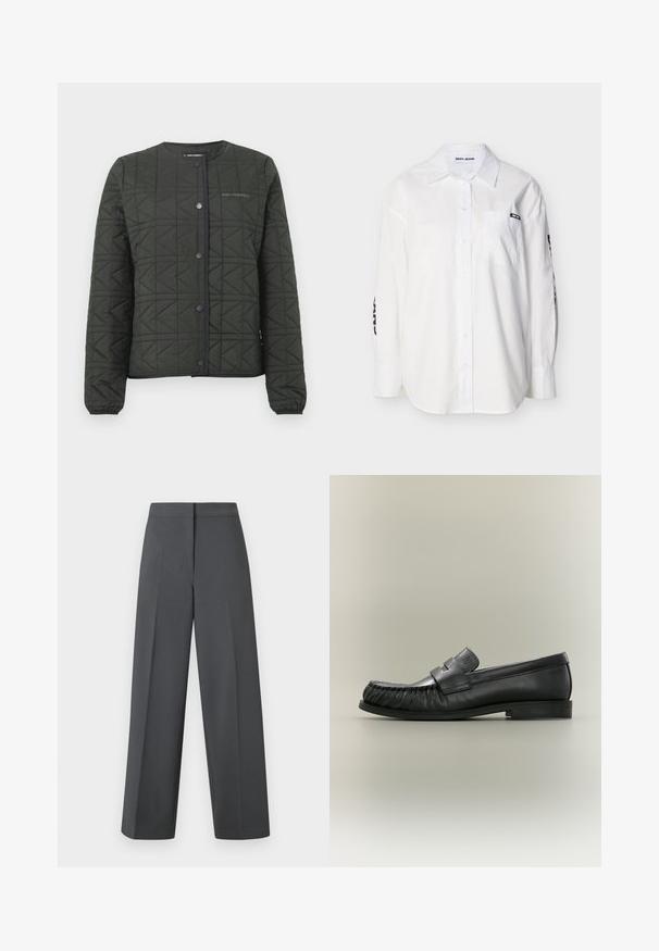 Veste matelassée vert olive avec un col rond, des boutons-pression et un motif géométrique texturé. Comprend des poignets et un ourlet élastiqués.; Chemise blanche à manches longues avec col, poche avant, et étiquette noire "DKNY JEANS" sur la poche et les manches.; Pantalon à jambes larges gris foncé en tissu lisse, avec une ceinture plate et des détails de couture discrets, présentant un design élégant et ajusté.; Mocassin penny en cuir noir avec détail plissé au bout et talon bas empilé, vu de côté sur un fond neutre.