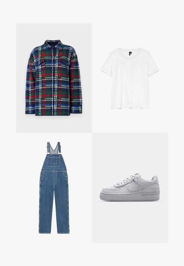 Chaqueta de camisa de cuadros en navy, verde y rojo. Cuenta con botones, dos bolsillos en el pecho y una mezcla de lana texturizada. Diseño casual con mangas largas.; Camiseta blanca de manga corta con un cuello redondo, hecha de tejido ligero. Diseño simple, textura suave y dobladillo recto.; Pantalones de mezclilla con tirantes ajustables, bib antigoteo en forma de V, bolsillo delantero y bolsillos laterales. Presenta un color azul clásico y costuras en contraste.; Zapatilla Nike Air Force 1 gris con puntera perforada, parte superior de cuero suave, suela gruesa y detalle en relieve 'AIR' en el talón.