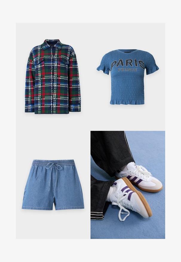 Rutig skjortejakke i navy, grøn og rød. Har knapper, to brystlommer og en tekstureret uldblanding. Casual design med lange ærmer.; Blå kortærmet smock-top med flæsekant og teksten "PARIS FRANCE" i sort-hvide bogstaver på tværs af brystet.; Blå denimshorts med subtile lodrette striber, elastisk talje og snøre foran.; Hvide sportsko med lilla striber og brune gummisåler, med runde snørebånd og polstret krave. Båret med mørke denimbukser.