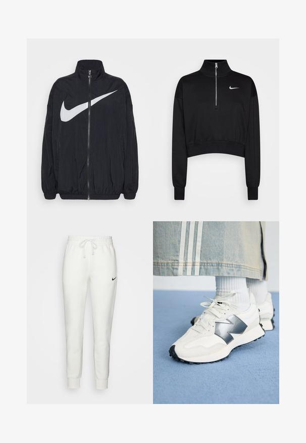 Sort jakke lavet af letvægtsmateriale, med høj krave, fuld lynlås og et stort hvidt Nike swoosh logo på fronten.; Sort cropped sweatshirt med høje krave, halv lynlås, ribbede manchetter og et lille hvidt Nike-logo på venstre bryst. Blød stoftekstur.; Hvide bomulds sweatpants med elastisk talje, snøre og sort Nike logo på venstre side. Tætsiddende manchetter ved anklerne.; Hvide sportsko med sølvdetaljer, tekstureret stof og glat læder; med en sort gummisål og snørebånd.