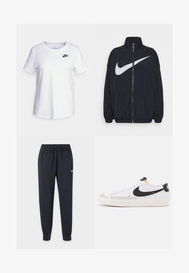 Chaqueta negra de material ligero, con cuello alto, cierre de cremallera completa y un gran logo de Nike en blanco en la parte frontal.; Camiseta de algodón blanca con cuello redondo y mangas cortas. Presenta un logotipo negro de Nike en la parte superior izquierda del pecho.; Pantalones de chándal negros Nike con cinturilla elástica y cordón, piernas ajustadas, tobillos con puños y pequeño logo blanco de Nike en el muslo derecho.; Zapatillas blancas con swoosh negro, detalles en ante gris y suela de goma color crema. Presentan cordones blancos y un talón negro con marca.