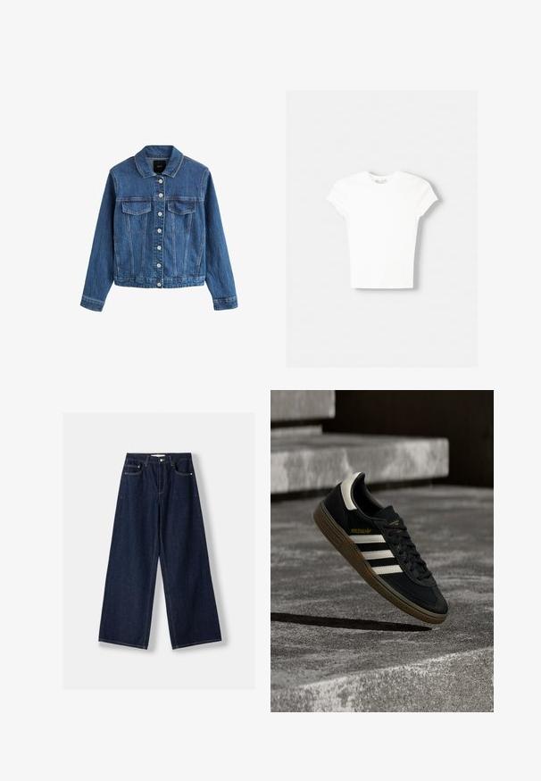 Blaue Denimjacke mit langen Ärmeln, Knopfleiste vorne, zwei Brusttaschen mit Klappen und klassischem Kragen, flach auf weißem Hintergrund liegend.; Weißes kurzärmliges T-Shirt aus weicher Baumwolle, mit Rundhalsausschnitt und figurbetonter Form. Keine sichtbaren Muster oder Verzierungen.; Dunkelblaue Jeans mit weitem Bein, vorderer Knopf- und Reißverschluss, vorderen Taschen und Gürtelschlaufen, flach auf weißem Hintergrund ausgelegt.; Schwarzer Adidas-Sneaker mit weißen Streifen und Gummisohle schwebt über grauen Betonstufen im natürlichen Licht.