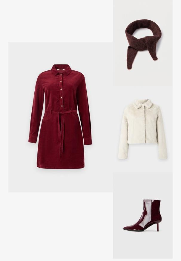 Kort nepbont jasje in lichtbeige met een zachte textuur, voorzien van een klassieke kraag en lange mouwen. Geen sluitingen zichtbaar.; Bordeaux corduroy jurk met lange mouwen, knopen aan de voorkant, kraag en tailleband. Voorzien van zijknopen en een licht uitlopende rok.; Glanzende donkerrode enkellaars met pointed toe en dunne, middelhoge hak op een effen lichte achtergrond.; Bordeauxkleurige sjaal gemaakt van zacht, pluizig materiaal; heeft een doorlopende lusvorm met twee taps toelopende uiteinden. De textuur oogt warm en knus.