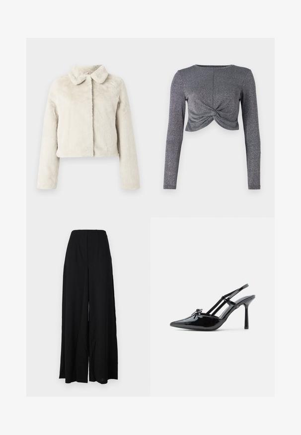 Beskåret faux fur-jakke i lys beige med en blød tekstur, der har en klassisk krave og lange ærmer. Ingen lukninger synlige.; Sølv langærmet cropped top med snoet frontdesign, der har et struktureret, glitrende stof for ekstra glans og dimension.; Sorte brede bukser lavet af et struktureret stof, med en høj talje, der har folder og rene kanter for en slank silhuet.; Sort lakeret læder højhælet slingback-sko med spids tå, tynd hæl og dobbelt remdetalje over vristen.