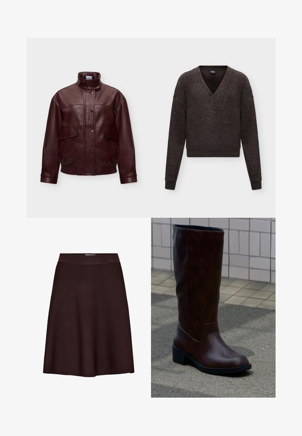 Chaqueta de cuero marrón oscuro con cuello alto, botones automáticos delanteros, bolsillos con solapa y dobladillo y puños elásticos, presentada sobre un fondo liso.; Jersey de manga larga gris oscuro con escote en V pronunciado y puños y bajo acanalados, exhibido sobre un fondo claro y liso.; Falda marrón oscuro en línea A con cintura ajustada, hecha de una tela lisa y texturizada, mostrada sobre un fondo blanco.; Bota de cuero marrón oscuro hasta la mitad de la pierna con puntera redondeada y tacón bajo de bloque, sobre el pavimento cerca de una pared con azulejos.