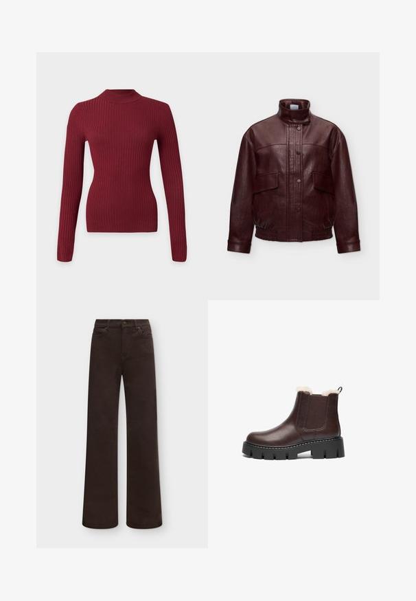 Mørkebrun læderjakke med høj krave, frontknapper med trykknap, klappelommer og elastisk kant og manchetter, vist mod en ensfarvet baggrund.; Langærmet tætsiddende ribstrikket sweater i mørkerød med høj rund hals på hvid baggrund.; Mørkebrune bukser med lige ben, frontknap og lynlås, bæltestropper og forlommer, vist mod en ensfarvet lys baggrund.; Brune læder ankelstøvle med blødt foer, elastiske sidelæg og en chunky sort platformssål med dybe riller.