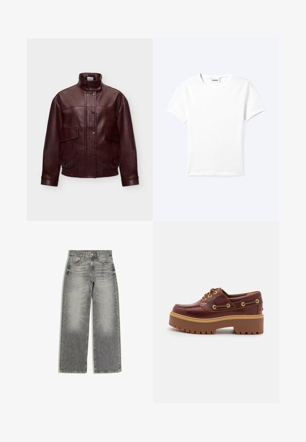 Donkerbruine leren jas met hoge kraag, voorste drukknoopsluiting, klepzakken en elastische zoom en manchetten, weergegeven tegen een effen achtergrond.; Effen wit T-shirt met korte mouwen en ronde hals met een klein "WEEKDAY" label aan de binnenkant van de hals, plat neergelegd op een lichte achtergrond.; Grijze rechte spijkerbroek met voor- en achterzakken, knoop- en ritssluiting en subtiele vervaagde wasdetails.; Bruine leren botenschoenen met een stevige bruine rubberen zool, gouden ogen en contraststiksels. Heeft een logo aan de zijkant.
