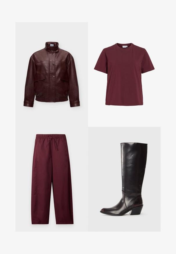 Donkerbruine leren jas met hoge kraag, voorste drukknoopsluiting, klepzakken en elastische zoom en manchetten, weergegeven tegen een effen achtergrond.; Effen t-shirt met korte mouwen en ronde hals in een donkere bordeauxrode kleur, afgebeeld op een witte achtergrond zonder patronen of logo's.; Losse, bordeauxrode broek met elastische tailleband en trekkoord, rechte pijpen, zonder zichtbare zakken of patronen.; Knielange, donkerbruine leren laars met een spitse neus, hoekige blokhak en een gladde, glanzende textuur. Heeft een strak ontwerp en stikdetails.