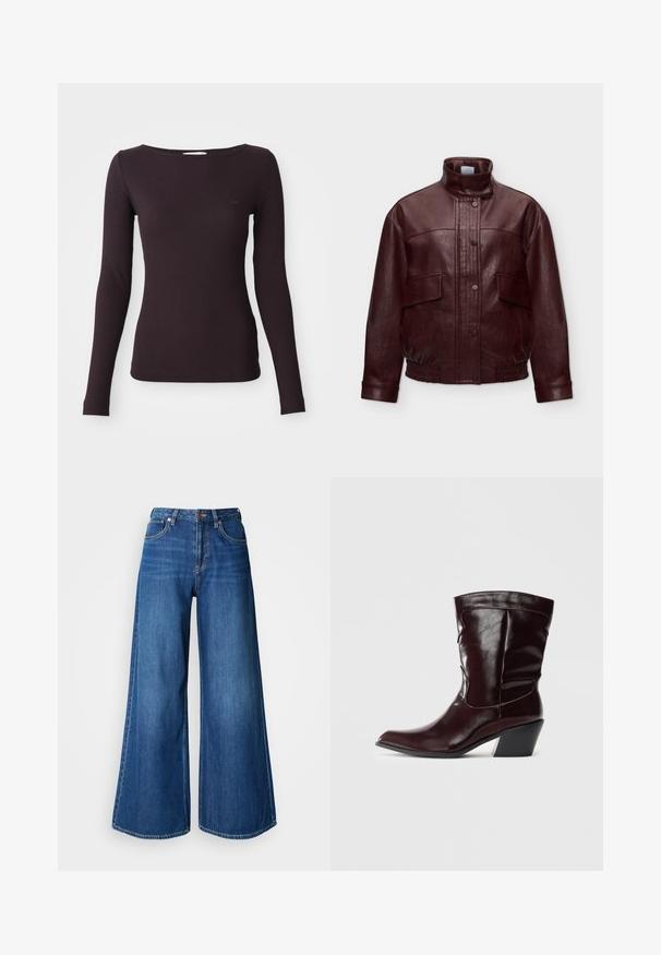 Chaqueta de cuero marrón oscuro con cuello alto, botones automáticos delanteros, bolsillos con solapa y dobladillo y puños elásticos, presentada sobre un fondo liso.; Top de manga larga de canalé en púrpura oscuro con escote redondo y silueta ajustada. Textura suave con un sutil detalle de logo en el pecho.; Vaqueros de pierna ancha en azul, confeccionados en denim. Presentan una cintura alta, líneas limpias y costuras en contraste. Las perneras se abren considerablemente en el dobladillo.; Botines de cuero burdeos con punta afilada, superficie texturizada y tacón bajo cónico. Presentan costuras sutiles y un ajuste ceñido.