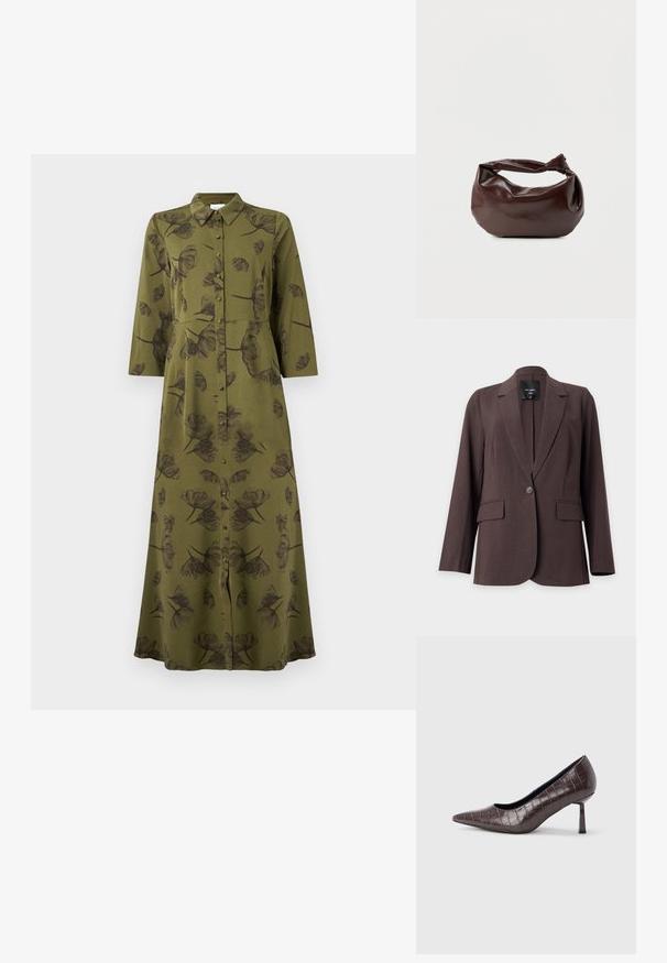 Blazer marron à un bouton avec revers crantés et deux poches avant à rabat, présenté sur un fond blanc uni.; Robe maxi à manches longues vert olive avec imprimé floral noir, devant à boutons et col.; Escarpins à bout pointu en similicuir marron avec une texture crocodile, dotés d’un talon fin et angulaire ainsi que d’une doublure intérieure lisse.; Sac bandoulière en cuir marron foncé avec une forme souple et décontractée et une anse nouée torsadée sur un fond blanc uni.