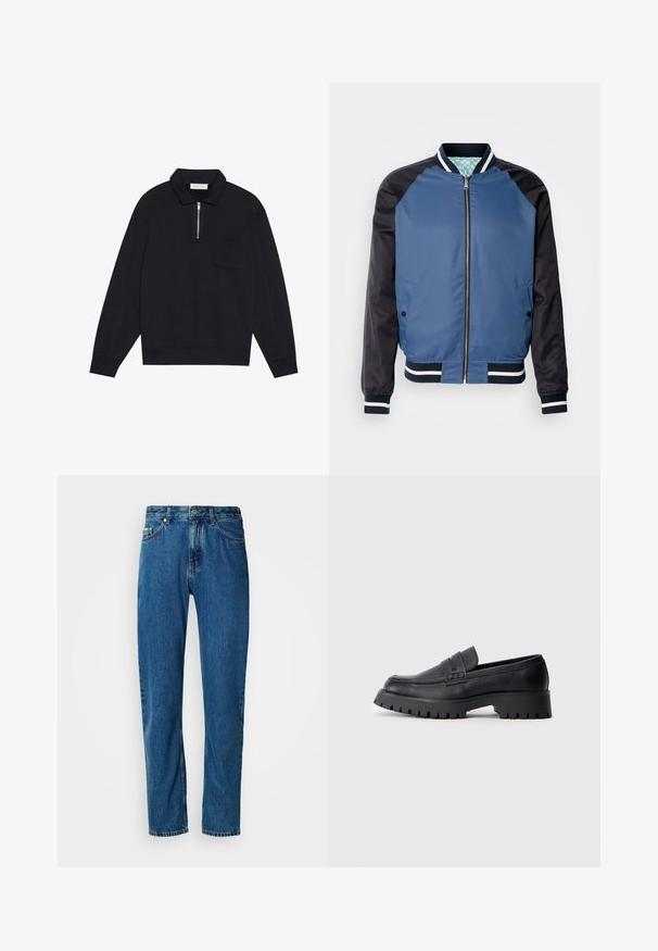 Blå bomberjakke med marinefarvede ærmer, ribbede manchetter og et to-tonet design. Har en frontlynlås og to sideskaber. Glat tekstur.; Pier One by Zalando Sweatshirt - black; Blå lige ben denim jeans med fem lommer og frontlukning med knap på en hvid baggrund.; Sorte læder loafers med en rund tå, prydet med en dekorativ rem og en kraftig gummisål med dybe riller for grip.