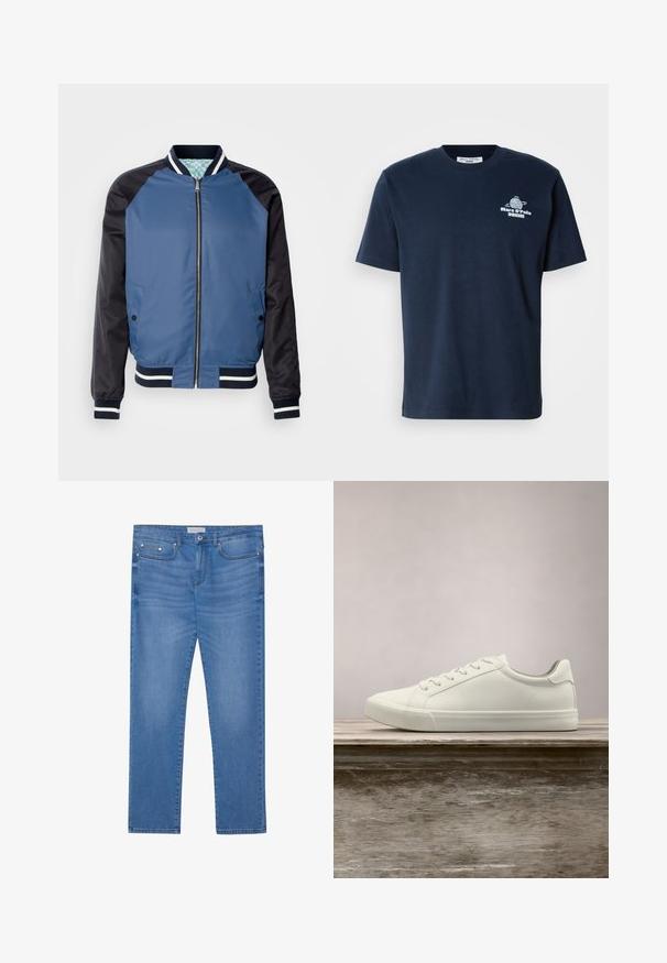Blaue Bomberjacke mit dunkelblauen Ärmeln, gerippten Bündchen und einem zweifarbigen Design. Verfügt über einen Front-Reißverschluss und zwei Seitentaschen. Glatte Textur.; Navyblaues Baumwoll-T-Shirt mit kurzen Ärmeln, Rundhalsausschnitt und frontalem Grafikdruck eines Globus sowie dem Text "Marc O’Polo DENIM." Schlichtes Design.; Hellblaue Denim-Jeans mit geradem Bein, Fünf-Taschen-Design, subtilen Verwaschungen und metallischen Akzenten an der Taille und den Taschen.; Weiße Schnürsneaker, die über einer Holzbank mit grünem Laub im Hintergrund schweben und das Schuhdesign sowie die Textur zeigen.