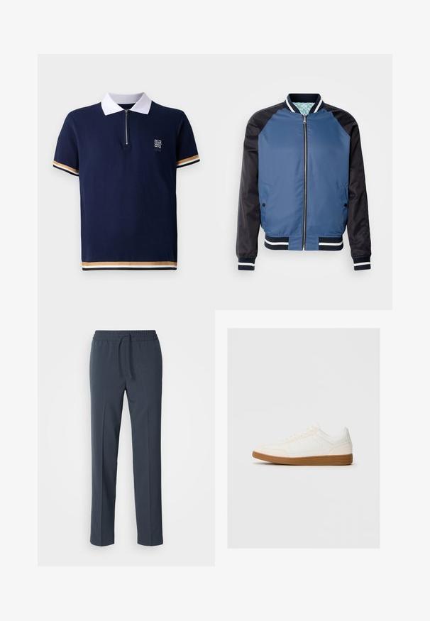 Blauwe bomberjack met marineblauwe mouwen, ribbels aan de cuffs en een twee kleuren ontwerp. Voorzien van een voorzichtige ritssluiting en twee zijzakken. Mooie, gladde textuur.; Marineblauw polo shirt met witte kraag, kwart-rits ontwerp en gestructureerde stof. Beschikt over gestreepte accenten in goud en wit op de mouwen.; Marineblauwe, lichtgewicht broek met een trekkoord in de taille, rechte pijpen en een gladde textuur. Geen patronen of accenten zichtbaar.; Witte sneaker met een suède neus, een glad synthetisch bovenwerk en een tan rubberen zool. Beschikt over perforaties aan de zijkanten voor ventilatie.