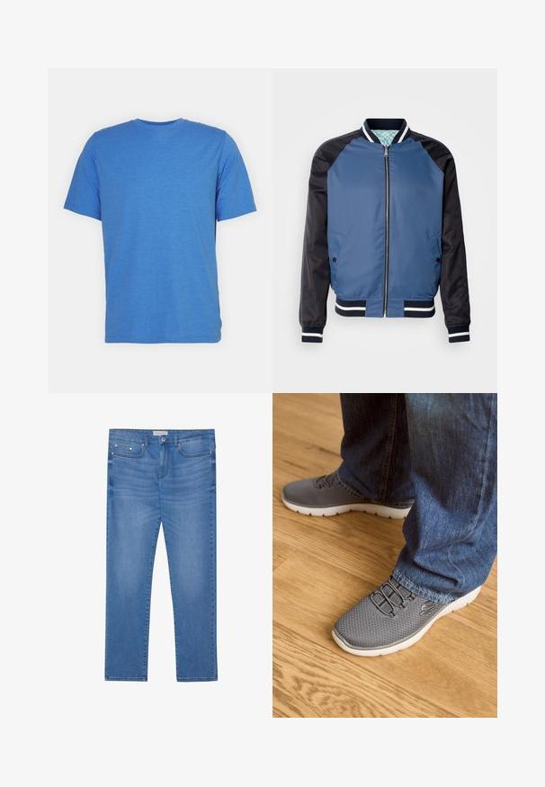 Blauwe bomberjack met marineblauwe mouwen, ribbels aan de cuffs en een twee kleuren ontwerp. Voorzien van een voorzichtige ritssluiting en twee zijzakken. Mooie, gladde textuur.; Korte mouwen, ronde hals t-shirt in effen blauw. Gemaakt van zachte, ademende stof met een gladde textuur en zonder patronen of accenten.; Lichtblauwe spijkerbroek met een rechte pijp, vijf zakken, subtiele vervaging en metalen accenten op de taille en zakken.; Grijze sportschoenen met een bovenwerk van gaas, witte zool en elastische veters. Gecombineerd met blauwe denim jeans, op een houten vloer.
