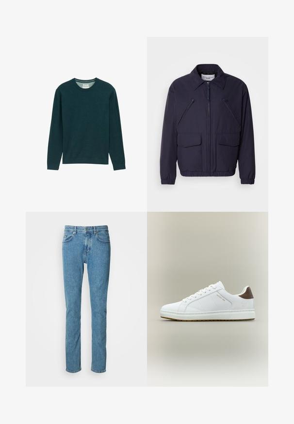 Mørkeblå jakke med lynlås foran, spidse krave, to store forlommer og to skrå lynlåslommer på brystet. Lavet af glat, let materiale.; Mørkegrøn langærmet sweatshirt med ribbet rund hals, blødt stof og en diskret logo-detail på fronten. Klassisk pasform.; Lyseblå denimjeans med design i lige ben, solid linning og fem-lomme-stil. Blød tekstur med svag falmen på lårene.; Hvid lavtop sneaker med brun hælkappe, hvide snørebånd og teksten "GAP EST. 1969" i guld på siden.