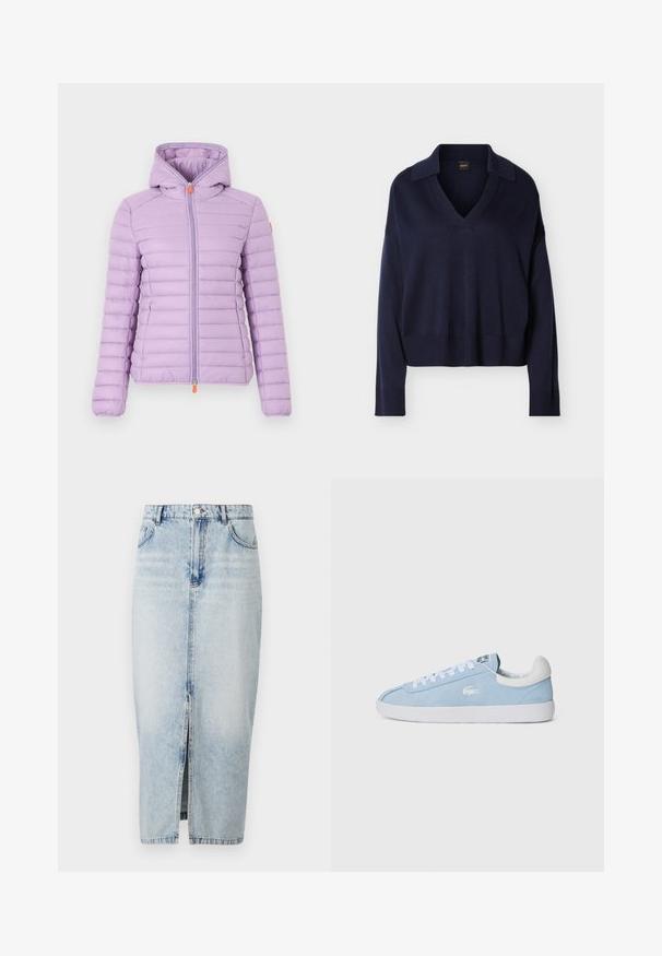 Hellviolette gesteppte Jacke mit Kapuze und Frontreißverschluss, mit horizontalen Nähten und zwei seitlichen Reißverschlusstaschen.; Marineblauer Langarm-V-Ausschnitt-Pullover mit Kragen, gerippten Bündchen und Saum, auf einfachem weißem Hintergrund dargestellt.; Helle blaue Jeansrock mit einem vorderen Schlitz, hoher Taille, fünf Taschen und sichtbaren Nähten. Verfügt über ein klassisches Design und eine glatte Textur.; Himmelblaue Wildledersneaker mit weißen Schnürsenkeln und Gummisohle. Mit einem kleinen silbernen Logo an der Seite und einer weißen Leder-Fersenkappe.
