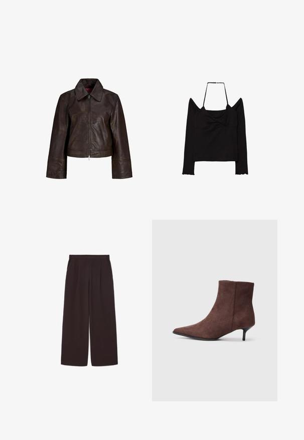 Mørkebrun læderjakke med bred krave, lynlåslukning foran og lange ærmer, vist mod en hvid baggrund.; Sort langærmet top med off-shoulder-design og tynd halterneck-strop, med en tætsiddende silhuet og let flæsedetalje ved ærmekanterne.; Mørkebrun vide bukser lavet af letvægtsstof, med høj talje, plisseringer og to sidelommer, samt elastisk taljebånd.; Brune ankelstøvler i ruskind med spids tå og en slank, sort hæl. Har en glat tekstur og et enkelt design.