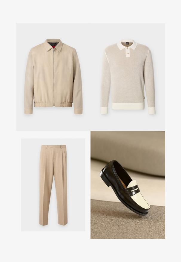 Beige herrelet jakke i letvægtsmateriale med lynlås foran, spids krave, lange ærmer, elastisk kant og sidelommer.; Beige strikket polotrøje med tekstur, lange ærmer, hvid krave, to knapper samt ribstrikkede manchetter og kant.; Beige skræddersyede bukser med frontplisser, bæltestropper og lige ben, vist mod en ensartet lys baggrund.; Sort læderloafer med en cremefarvet vamp og sorte accentstriber, som har en lav hæl og detaljeret syning langs kanterne.